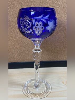 AJKA Marsala Crystal Glass Wine Hock Goblet 8.5” Cut To Clear Cobalt Blue Flower
